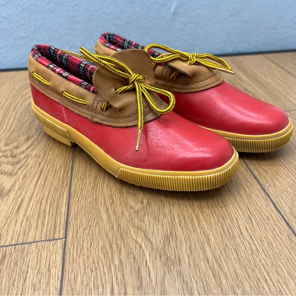 Lands' End Duck Boots Low Red & Tan Leather Fur Flannel Lining Womens Size7 M